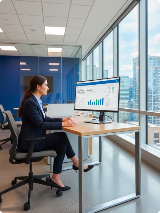 BMO employee reviewing a mortgage dashboard in a glass office